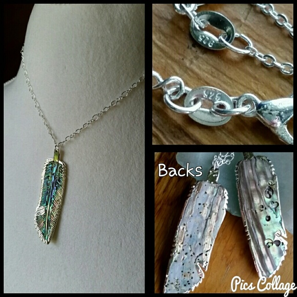 Abalone Shell Feather-Shaped Sterling Silver Necklaces - Picture 5 of 6